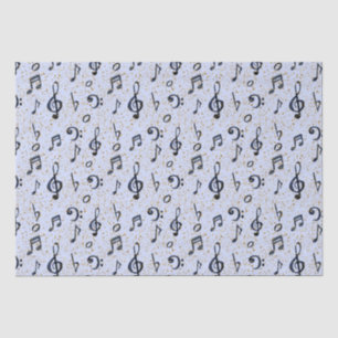 Papel De Seda Watercolor Blue Musical Music Notes Gold Purpurina