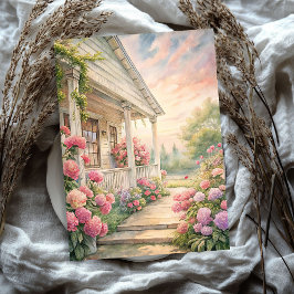 Papel De Seda Watercolor cálida casa blanca rosa peonías jardín