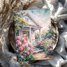 Papel De Seda Watercolor cálida casa blanca rosa peonías jardín