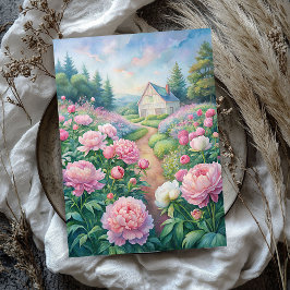 Papel De Seda Watercolor cálida casa blanca rosa peonías jardín