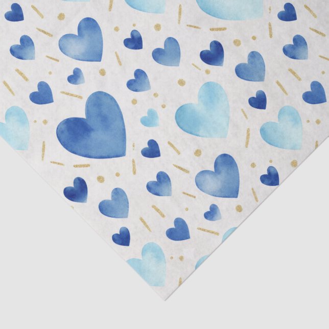 Papel De Seda Watercolor Cerulean Hearts & Gold Sparkle (Detalle)