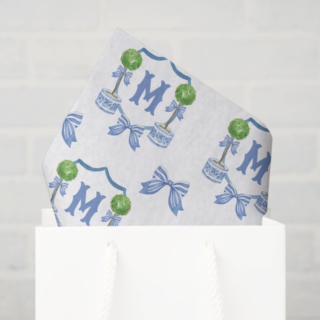 Papel De Seda Watercolor Chinoiserie Blue Topiary Monogram Crest (Bolsa de regalo)