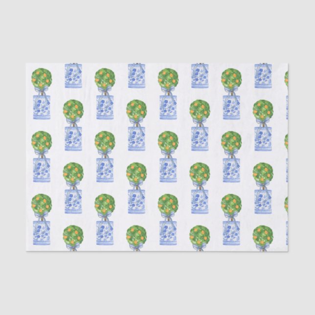 Papel De Seda Watercolor Chinoiserie Naranja Tree Topiary (Anverso)