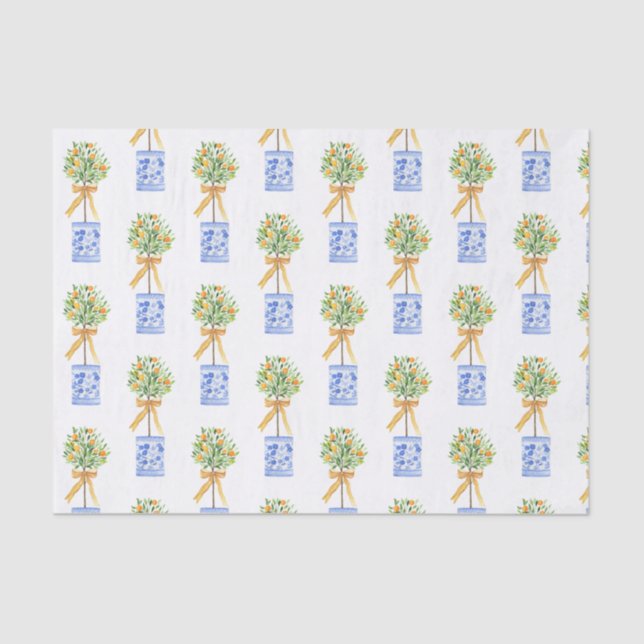 Papel De Seda Watercolor Chinoiserie Naranja Tree Topiary (Anverso)