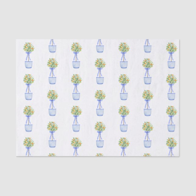 Papel De Seda Watercolor Chinoiserie Naranja Tree Topiary (Anverso)