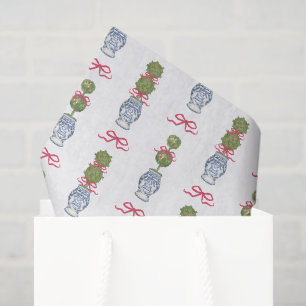 Papel De Seda Watercolor Chinoiserie Navidades Topiary Red Bow