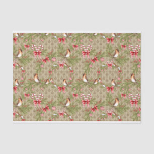 Papel De Seda Watercolor Christmas Bird Pine Branches Holly