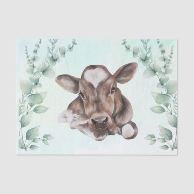 Papel De Seda Watercolor Cow Baby Calf Eucalyptus (Anverso)
