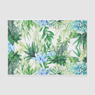 Papel De Seda Watercolor Green and Blue Succulent Plants, Leaves
