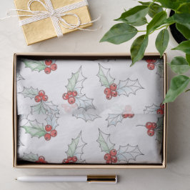 Papel De Seda Watercolor Holly Leaves and Red Berries Christmas