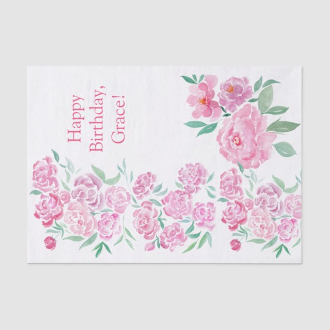 Papel De Seda Watercolor Pink Peonies Feliz cumpleaños personali (Anverso)