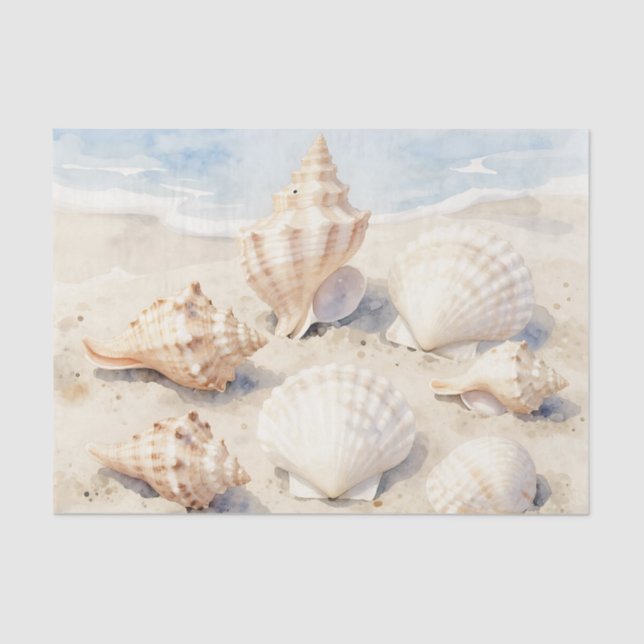 Papel De Seda Watercolor Seashells Beach Scene (Anverso)