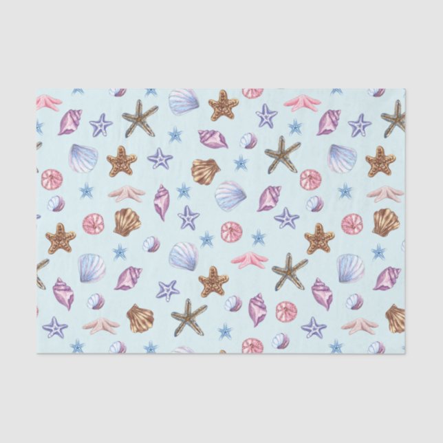 Papel De Seda Watercolor Seashells Marine Life Light Blue (Anverso)