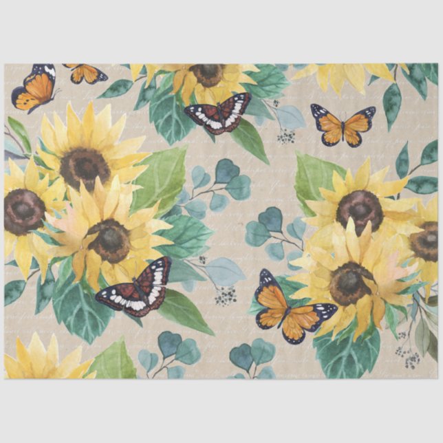 Papel De Seda Watercolor Sunflowers and Butterflies Decoupage (Anverso)