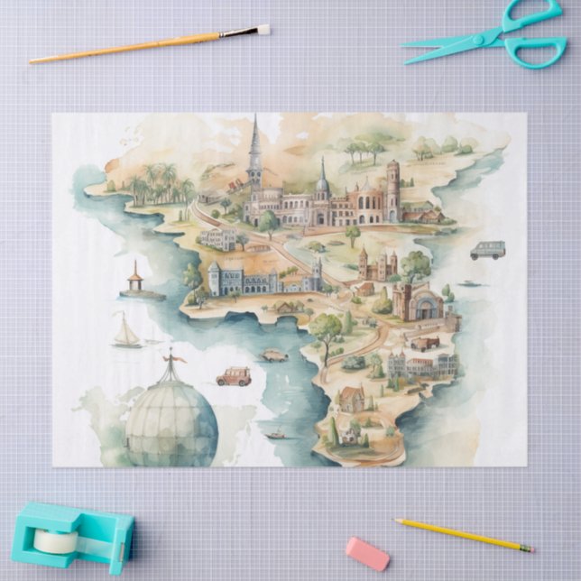 Papel De Seda Watercolor Travel Map (Artesanía)