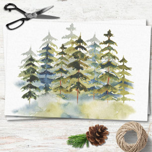 Papel De Seda Watercolor Vintage Foggy Green Pine Forest