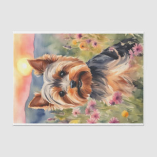 Papel De Seda Watercolor Yorkshire Terrier en flores Desnudo