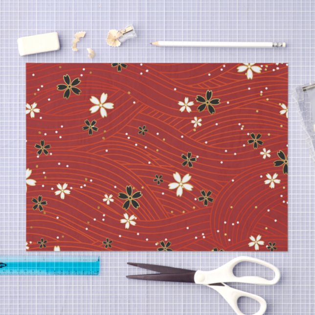 Papel De Seda Wavy lines, adorned with black & white flowers (Artesanía)