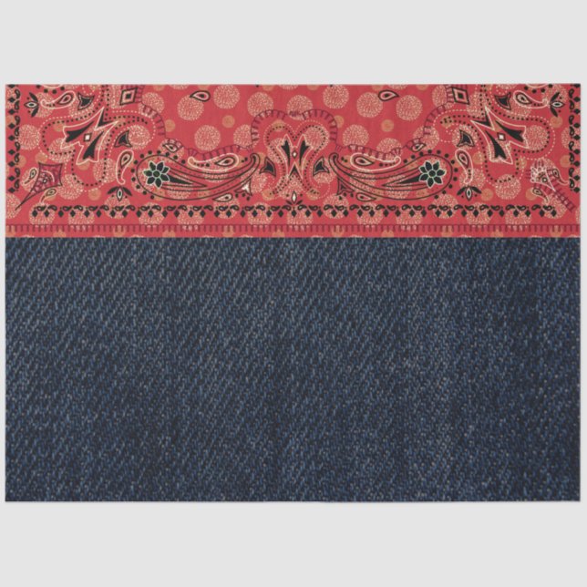Papel De Seda Western Paisley Red Bandana Print Denim Decoupage  (Anverso)