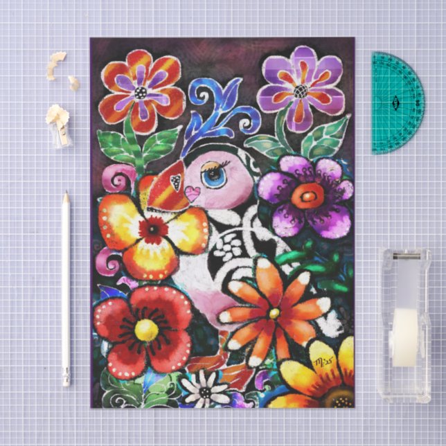 Papel De Seda Whimsical Abstract Puffin Bird In Flowers (Artesanía)