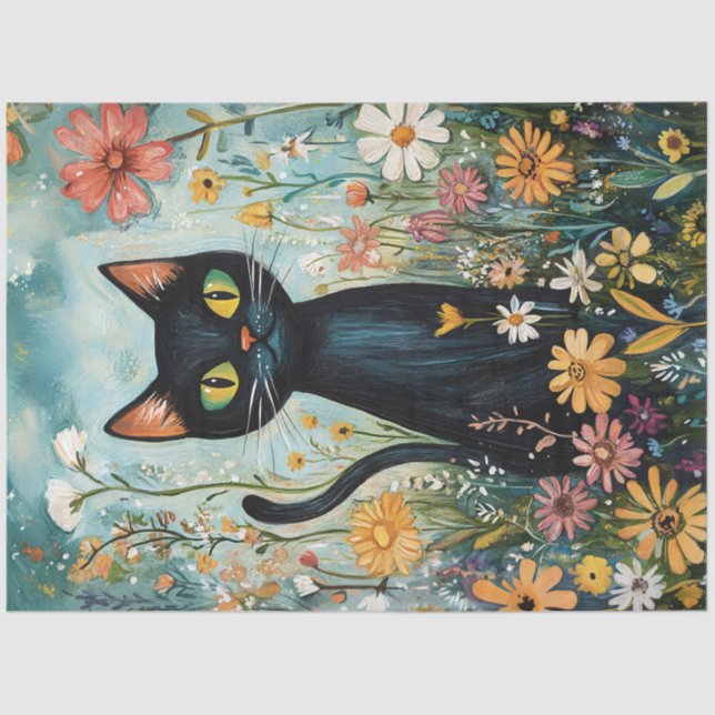 Papel De Seda Whimsical Black Cat con flores silvestres Decoupag (Anverso)