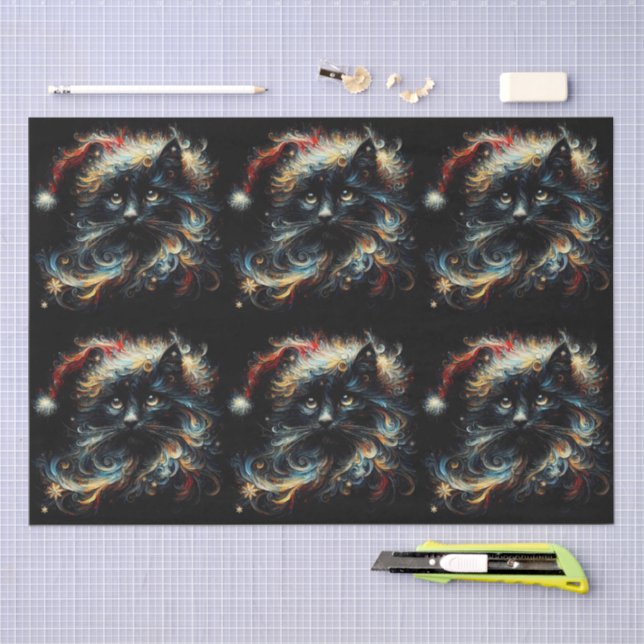Papel De Seda Whimsical Black Cat Santa Christmas Hat Decoupage (Artesanía)