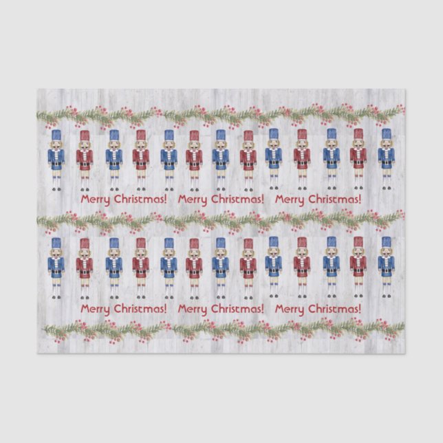 Papel De Seda Whimsical Blue Red Nutcrackers Feliz Navidad (Anverso)