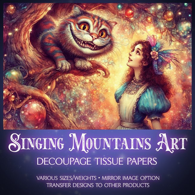 Papel De Seda Whimsical Cheshire Cat In Tree And Alice Decoupage (Subido por el creador)