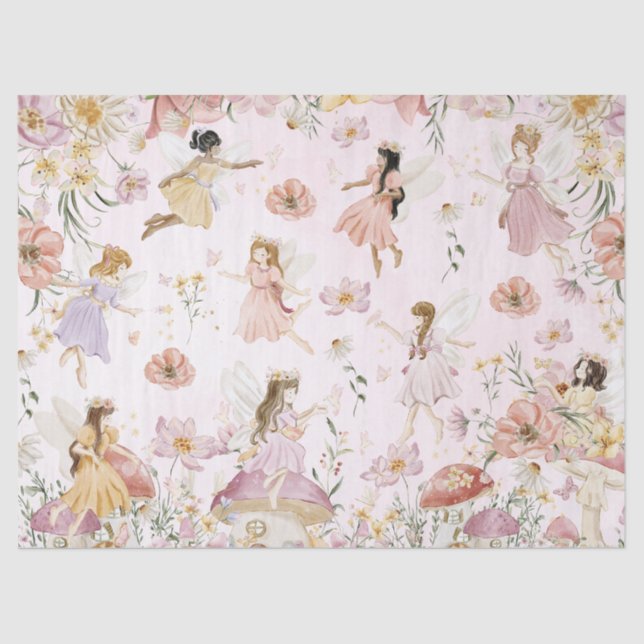 Papel De Seda Whimsical Cute Fairies Wildflower Garden Meadow (Anverso)