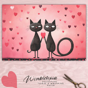 Papel De Seda Whimsical Feline Pink & Red Love Hearp Decoupage