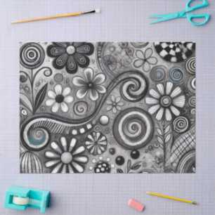 Papel De Seda Whimsical Floral Grayscale Black White Decoupage