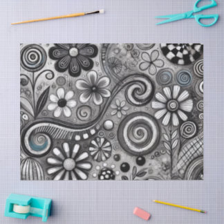 Papel De Seda Whimsical Floral Grayscale Black White Decoupage