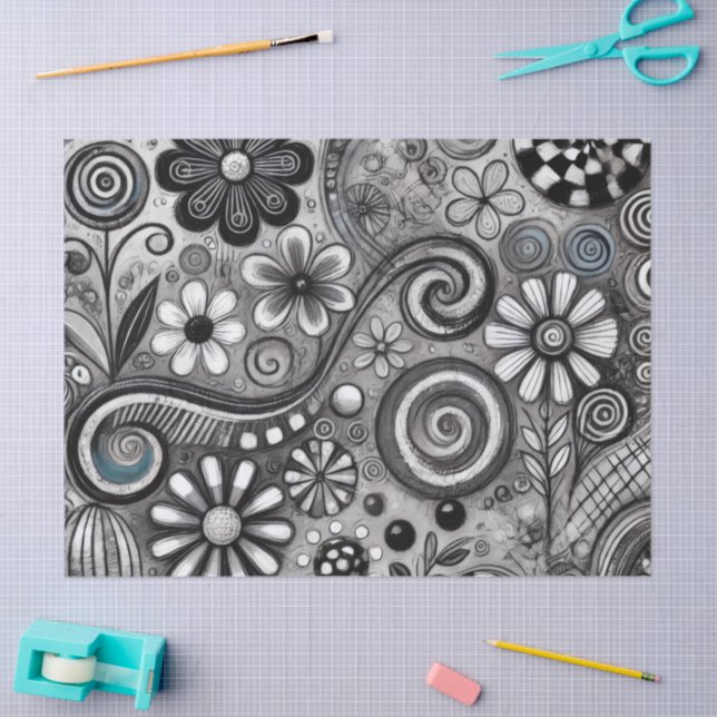 Papel De Seda Whimsical Floral Grayscale Black White Decoupage (Artesanía)