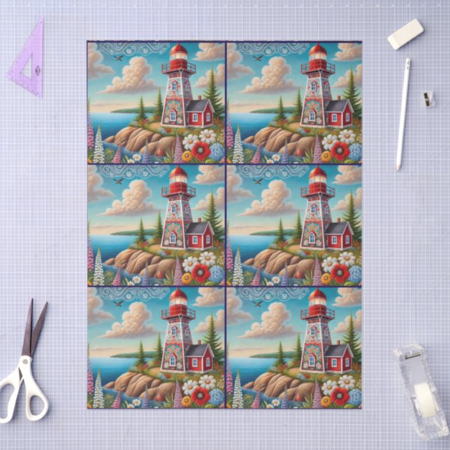 Papel De Seda Whimsical Floral Lighthouse Nautical Decoupage (Artesanía)