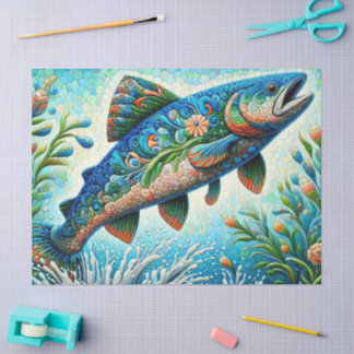 Papel De Seda Whimsical Floral Salmon Fish Blue Decoup