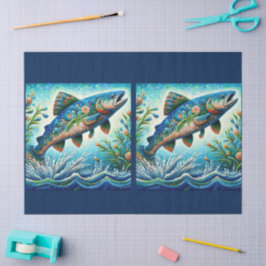 Papel De Seda Whimsical Floral Salmon Fish Blue Decoup