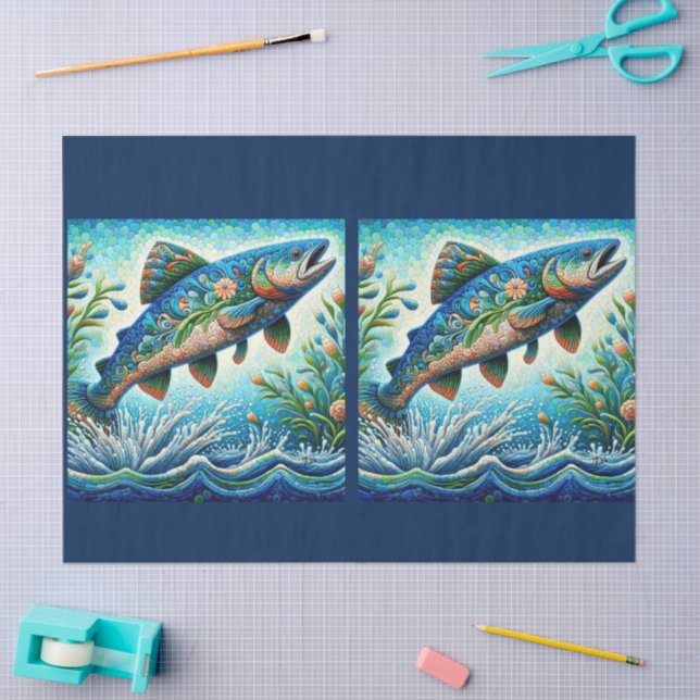 Papel De Seda Whimsical Floral Salmon Fish Blue Decoup (Artesanía)