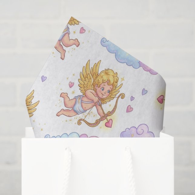 Papel De Seda Whimsical Flying Cupids in Blue Sky Fantasy (Bolsa de regalo)