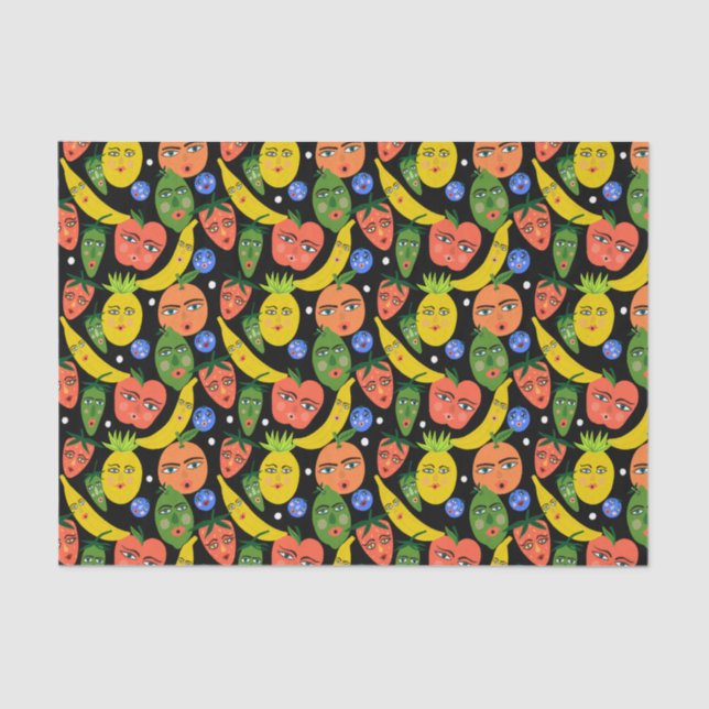 Papel De Seda Whimsical Funny Fruit Salsa Patrón Negro (Anverso)