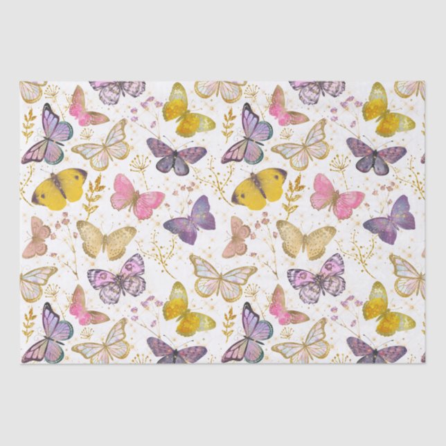 Papel De Seda Whimsical Girly Faux Purpurina Butterflies Golden (Anverso)