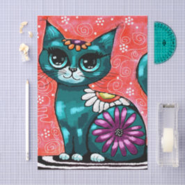 Papel De Seda Whimsical Kitty Cat en la alfombra floral Verde az