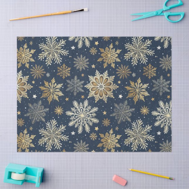Papel De Seda Whimsical Modern Navy Gold Snowflakes Decoupage (Artesanía)