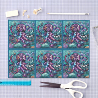 Papel De Seda Whimsical Octopus Floral Teal Coastal Decoupage