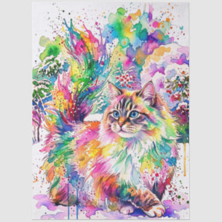 Papel De Seda Whimsical Rainbow Watercolor Fluffy Cat in Winter 