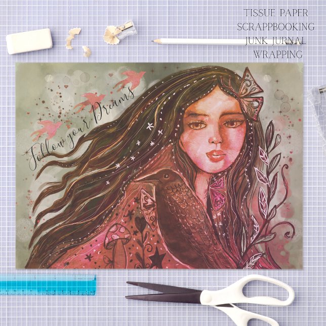Papel De Seda Whimsical Raven Girl Follow Your Dream Mixed Media (Whimsical Raven Girl Follow Your Dream Mixed Media Tissue Paper)