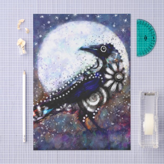 Papel De Seda Whimsical Raven Moon Floral Black Decoupage (Artesanía)
