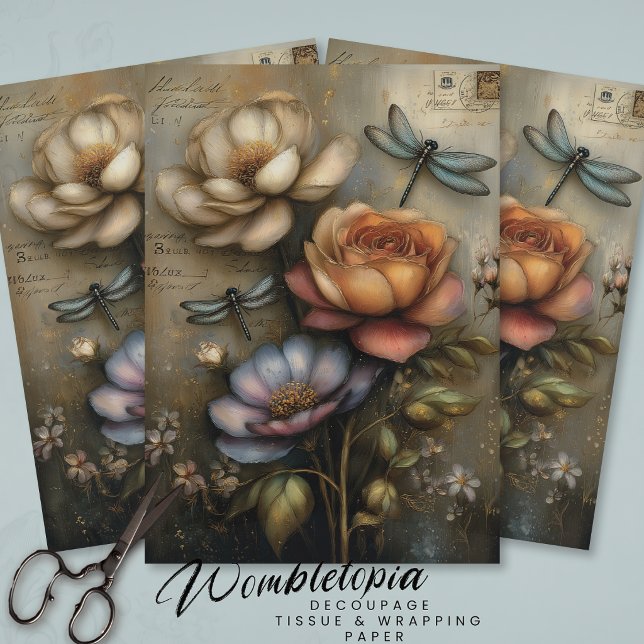 Papel De Seda Whimsical Rose & Dragonfly Ephemera Decoupage  (Subido por el creador)