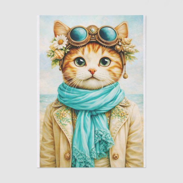 Papel De Seda  Whimsical Seaside Steampunk Cat FE8 Decoupage (Anverso)
