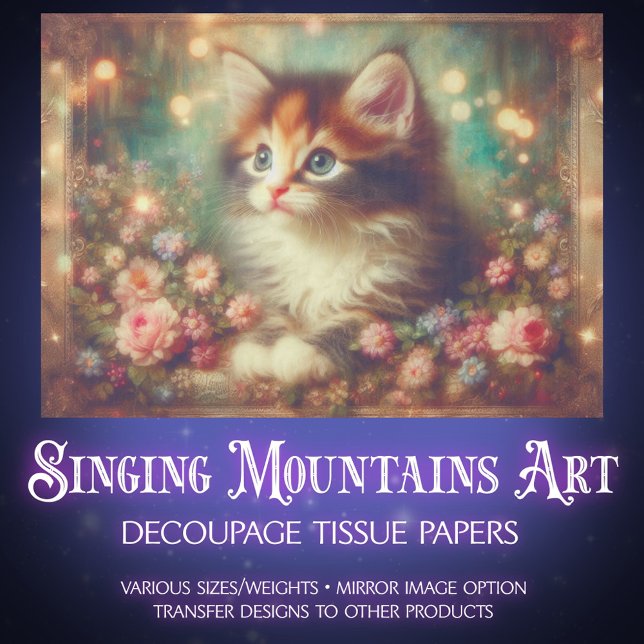 Papel De Seda Whimsical Shabby Chic Floral Calico Cat Decoupage (Subido por el creador)