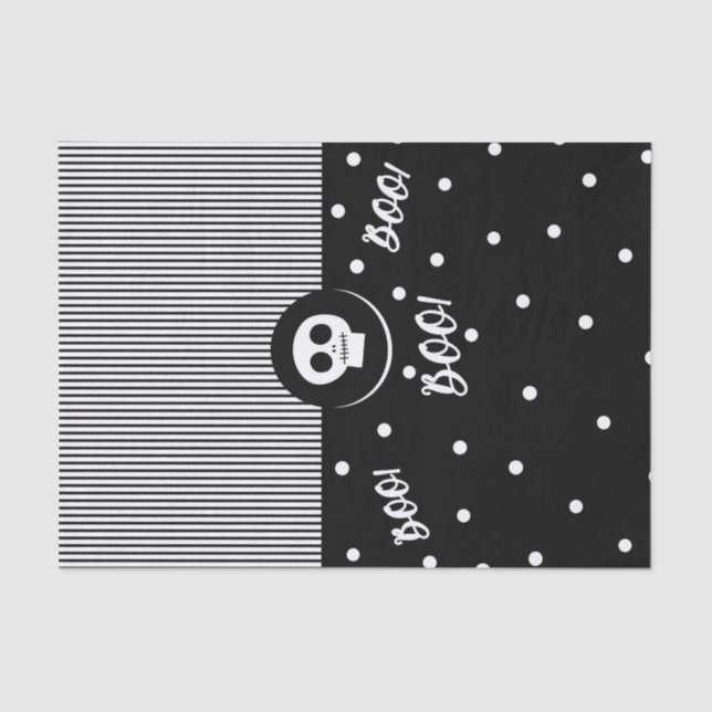 Papel De Seda Whimsical Skull Black & White Polka Dots & Stripes (Anverso)